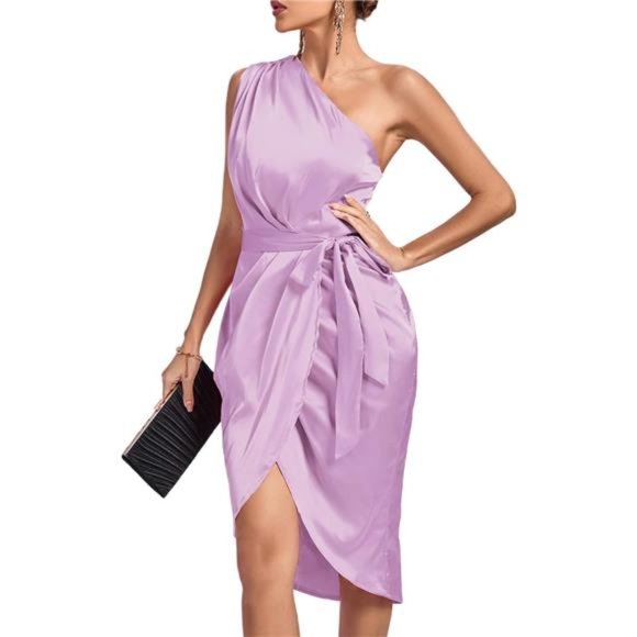 New - Purple Elegant Women's Satin Midi Dress - Picture 5 of 6